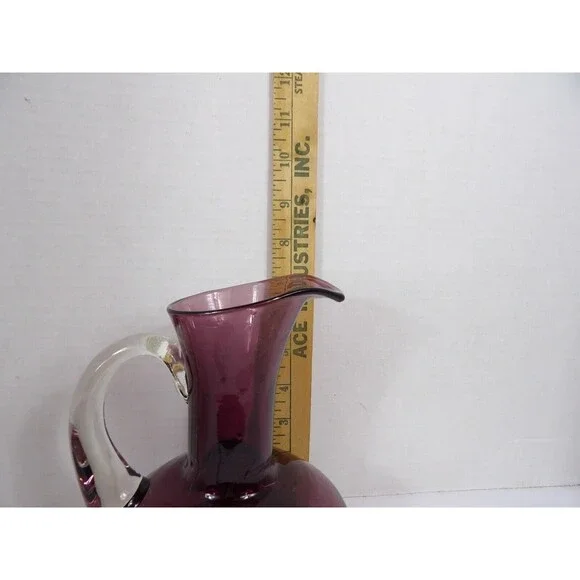 Vase Pitcher Amethyst Hand Blown Glass Pontil Purple Clear Handle 7.5" Tall MCM - Picture 9 of 16